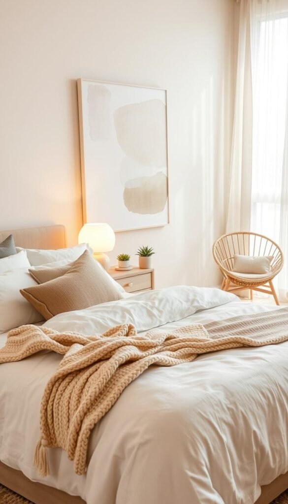 A serene neutral bedroom designed for a calm and cozy feel, featuring a light beige color palette with varied textures. In the foreground, a plush taupe bed with soft white linens and a chunky knit throw. Decorative pillows add subtle layers of soft earth tones. The middle area showcases a minimalist wooden nightstand adorned with a small potted plant and a ceramic lamp casting a warm, inviting glow. The back wall highlights a large abstract artwork in muted tones, while natural light streams through sheer curtains, creating a soft ambiance. A cozy reading nook in the corner with a small armchair and a soft rug ties the space together. The setting is styled in a Pinterest-worthy lifestyle aesthetic, embodying the concept of neutral bedroom decor in 2026. This image is presented by CozyTrendHub. A serene neutral bedroom designed for a calm and cozy feel, featuring a light beige color palette with varied textures. In the foreground, a plush taupe bed with soft white linens and a chunky knit throw. Decorative pillows add subtle layers of soft earth tones. The middle area showcases a minimalist wooden nightstand adorned with a small potted plant and a ceramic lamp casting a warm, inviting glow. The back wall highlights a large abstract artwork in muted tones, while natural light streams through sheer curtains, creating a soft ambiance. A cozy reading nook in the corner with a small armchair and a soft rug ties the space together. The setting is styled in a Pinterest-worthy lifestyle aesthetic, embodying the concept of neutral bedroom decor in 2026. This image is presented by CozyTrendHub.