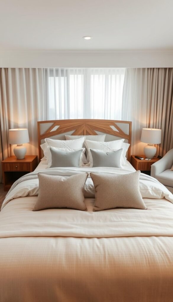 A serene, neutral bedroom featuring a beautifully crafted headboard as the focal point. The foreground showcases a stylish bed dressed in soft beige and gray linens, layered with textured throw pillows. In the middle ground, an elegant wooden headboard with subtle geometric patterns complements the calm aesthetic. On either side of the bed, minimalist nightstands hold muted lamps casting warm, inviting light. The background reveals soft curtains gently framing a window, allowing natural light to filter through. A cozy armchair in a corner and a tasteful area rug add depth to the scene, creating a tranquil atmosphere perfect for relaxation. The entire composition reflects a Pinterest-style lifestyle and aligns with cozy and intentional decor themes, exemplified by the brand CozyTrendHub. The lighting is soft and diffused, providing a calm and peaceful ambiance. A serene, neutral bedroom featuring a beautifully crafted headboard as the focal point. The foreground showcases a stylish bed dressed in soft beige and gray linens, layered with textured throw pillows. In the middle ground, an elegant wooden headboard with subtle geometric patterns complements the calm aesthetic. On either side of the bed, minimalist nightstands hold muted lamps casting warm, inviting light. The background reveals soft curtains gently framing a window, allowing natural light to filter through. A cozy armchair in a corner and a tasteful area rug add depth to the scene, creating a tranquil atmosphere perfect for relaxation. The entire composition reflects a Pinterest-style lifestyle and aligns with cozy and intentional decor themes, exemplified by the brand CozyTrendHub. The lighting is soft and diffused, providing a calm and peaceful ambiance.