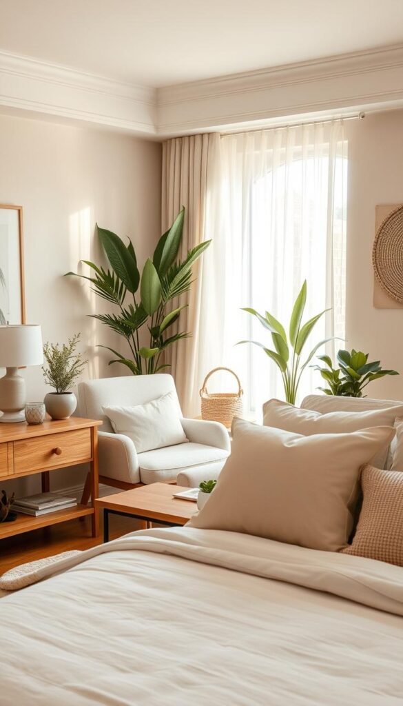 A serene neutral bedroom featuring a harmonious blend of natural elements. In the foreground, a plush, off-white bed is adorned with soft beige and cream linens, layered with a textured throw blanket and plush pillows. To one side, a stylish, natural wood nightstand holds a small potted plant and a muted ceramic lamp. In the middle ground, a cozy reading nook with a light gray armchair and a woven basket placed by a large window, allowing warm, soft sunlight to filter through light sheer curtains. In the background, soft green plants and a textured wall art piece add a touch of life, creating a calming atmosphere. The image should be taken from a slightly elevated angle to capture the room's spaciousness. The overall mood is inviting and tranquil, perfect for illustrating the essence of CozyTrendHub's neutral bedroom decor. A serene neutral bedroom featuring a harmonious blend of natural elements. In the foreground, a plush, off-white bed is adorned with soft beige and cream linens, layered with a textured throw blanket and plush pillows. To one side, a stylish, natural wood nightstand holds a small potted plant and a muted ceramic lamp. In the middle ground, a cozy reading nook with a light gray armchair and a woven basket placed by a large window, allowing warm, soft sunlight to filter through light sheer curtains. In the background, soft green plants and a textured wall art piece add a touch of life, creating a calming atmosphere. The image should be taken from a slightly elevated angle to capture the room's spaciousness. The overall mood is inviting and tranquil, perfect for illustrating the essence of CozyTrendHub's neutral bedroom decor.