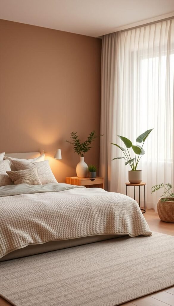 A serene neutral bedroom featuring subtle patterns and soft shapes. In the foreground, a plush beige bed adorned with textured pillows in soft whites and taupes sits against a muted taupe wall. The middle ground showcases a cozy bedside table with a minimalist lamp casting warm, inviting lighting. A delicate patterned area rug in light gray lies underfoot, adding dimension without overwhelming the space. The background reveals a window draped with sheer, light-filtering curtains that softly diffuse natural light, creating a calm atmosphere. Accents of greenery from potted plants add life without compromising the neutral palette. The overall feel is peaceful and cozy, perfect for a retreat. Photographed in soft focus with a warm tone to enhance the tranquil vibe. Styled by CozyTrendHub. A serene neutral bedroom featuring subtle patterns and soft shapes. In the foreground, a plush beige bed adorned with textured pillows in soft whites and taupes sits against a muted taupe wall. The middle ground showcases a cozy bedside table with a minimalist lamp casting warm, inviting lighting. A delicate patterned area rug in light gray lies underfoot, adding dimension without overwhelming the space. The background reveals a window draped with sheer, light-filtering curtains that softly diffuse natural light, creating a calm atmosphere. Accents of greenery from potted plants add life without compromising the neutral palette. The overall feel is peaceful and cozy, perfect for a retreat. Photographed in soft focus with a warm tone to enhance the tranquil vibe. Styled by CozyTrendHub.