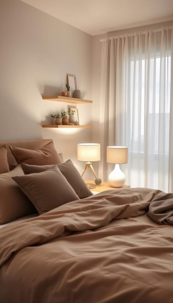 A serene neutral bedroom interior bathed in soft, ambient lighting that exudes calmness. The foreground features a neatly made bed with plush, taupe linens and a variety of textured pillows, inviting warmth. In the middle, a stylish bedside table holds a softly glowing lamp with a fabric shade, radiating a gentle light that enhances the peaceful atmosphere. Shelves decorated with minimalist decor items, such as plants and candles, add a touch of personality. The background showcases a large window draped with sheer curtains, allowing natural light to filter in, creating a harmonious blend. The scene is captured from a slight overhead angle to emphasize the cozy layout. This Pinterest-inspired lifestyle image embodies tranquility and comfort, reflecting the essence of neutral tones. CozyTrendHub. A serene neutral bedroom interior bathed in soft, ambient lighting that exudes calmness. The foreground features a neatly made bed with plush, taupe linens and a variety of textured pillows, inviting warmth. In the middle, a stylish bedside table holds a softly glowing lamp with a fabric shade, radiating a gentle light that enhances the peaceful atmosphere. Shelves decorated with minimalist decor items, such as plants and candles, add a touch of personality. The background showcases a large window draped with sheer curtains, allowing natural light to filter in, creating a harmonious blend. The scene is captured from a slight overhead angle to emphasize the cozy layout. This Pinterest-inspired lifestyle image embodies tranquility and comfort, reflecting the essence of neutral tones. CozyTrendHub.