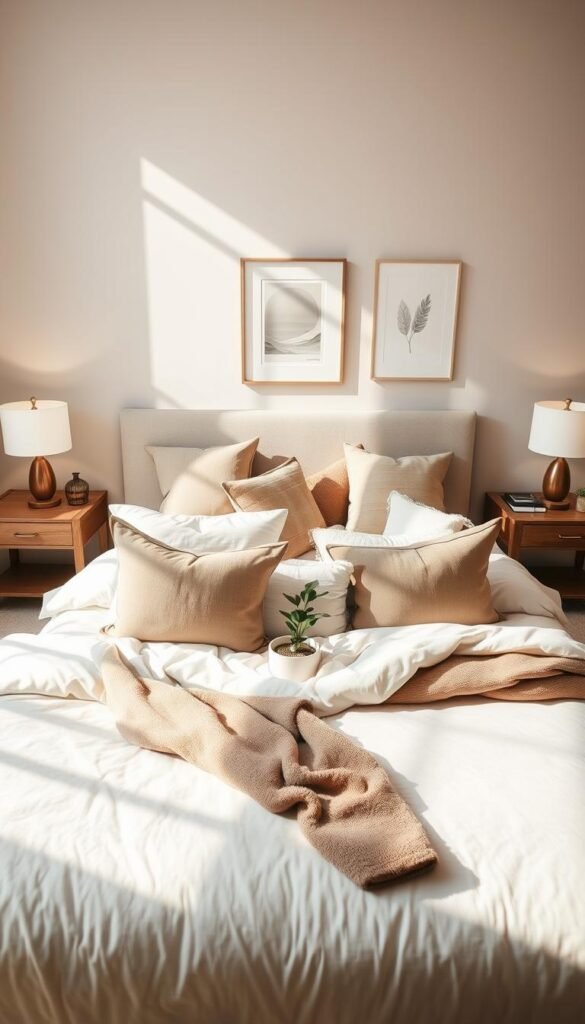 A serene neutral bedroom scene that embodies calmness and coziness. In the foreground, showcase a plush, light beige bed adorned with soft white linens and several textured pillows in varying shades of taupe and cream. On either side, elegant wooden nightstands hold simple modern lamps with warm, soft lighting. In the middle, a neatly arranged accent chair in a soft gray fabric is placed beside a minimalistic round coffee table with a small green plant. The background features muted, light-colored walls embellished with subtle art and a large window allowing gentle, natural sunlight to filter in, casting a warm glow across the room. Soft shadows enhance the cozy atmosphere. The entire scene reflects the brand CozyTrendHub, offering a Pinterest-style aesthetic perfect for modern decor enthusiasts. A serene neutral bedroom scene that embodies calmness and coziness. In the foreground, showcase a plush, light beige bed adorned with soft white linens and several textured pillows in varying shades of taupe and cream. On either side, elegant wooden nightstands hold simple modern lamps with warm, soft lighting. In the middle, a neatly arranged accent chair in a soft gray fabric is placed beside a minimalistic round coffee table with a small green plant. The background features muted, light-colored walls embellished with subtle art and a large window allowing gentle, natural sunlight to filter in, casting a warm glow across the room. Soft shadows enhance the cozy atmosphere. The entire scene reflects the brand CozyTrendHub, offering a Pinterest-style aesthetic perfect for modern decor enthusiasts.