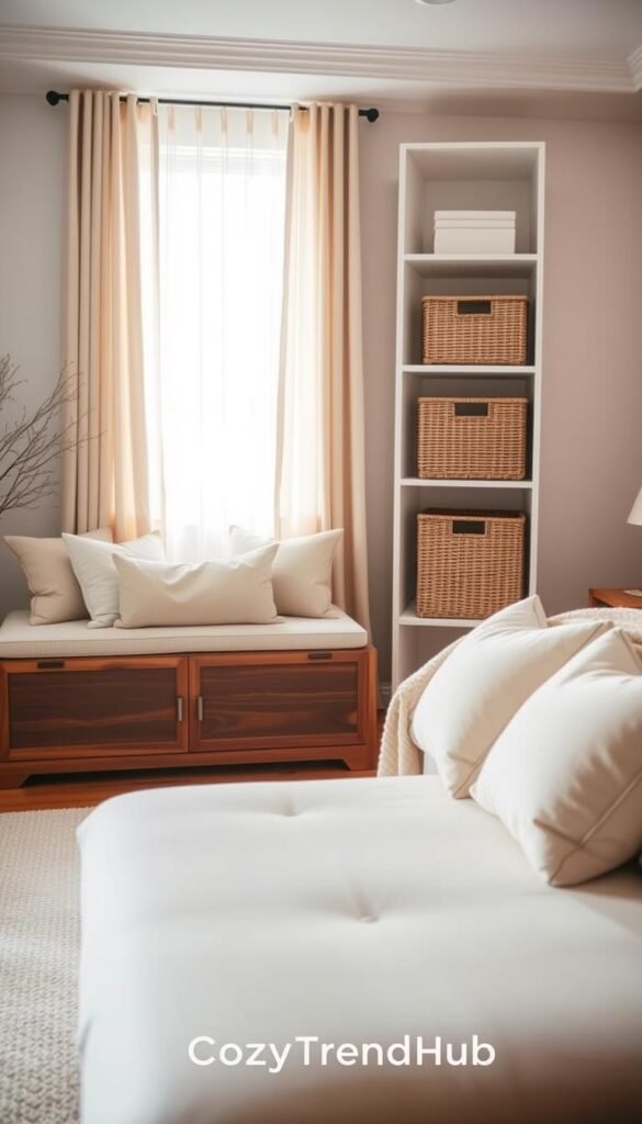 A serene neutral bedroom showcasing innovative storage ideas that blend seamlessly with the decor. In the foreground, a stylish wooden storage bench upholstered in soft beige fabric, adorned with cozy throw pillows. The middle ground features a sleek, open shelf unit with wicker baskets in soft, muted colors, neatly arranged to maintain a clutter-free look. In the background, a light, airy window draped with sheer curtains allows natural light to flood the room, creating a warm and welcoming atmosphere. The scene is captured with a soft focus lens to highlight the textures and calming colors of the decor. The overall mood is peaceful and organized, reflecting the essence of "CozyTrendHub" as a source for tranquil living. A serene neutral bedroom showcasing innovative storage ideas that blend seamlessly with the decor. In the foreground, a stylish wooden storage bench upholstered in soft beige fabric, adorned with cozy throw pillows. The middle ground features a sleek, open shelf unit with wicker baskets in soft, muted colors, neatly arranged to maintain a clutter-free look. In the background, a light, airy window draped with sheer curtains allows natural light to flood the room, creating a warm and welcoming atmosphere. The scene is captured with a soft focus lens to highlight the textures and calming colors of the decor. The overall mood is peaceful and organized, reflecting the essence of "CozyTrendHub" as a source for tranquil living.