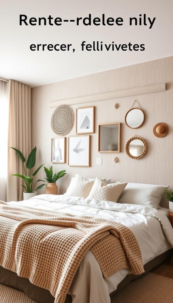 A serene, neutral bedroom wall adorned with renter-friendly decor alternatives, featuring removable wallpaper in soft beige tones and textured fabric hangings. In the foreground, a stylish gallery wall showcasing framed minimalistic art prints and decorative mirrors, creating a cozy atmosphere. The middle ground includes a cozy knitted throw draped over a neutral-toned bed, adding comfort and warmth. Light streams in from a window on the left, casting a gentle glow that highlights the textures of the wall and decor. The background features soft, blurred images of potted plants and a wooden nightstand with simple decorative items. The mood is calm and inviting, perfect for a peaceful retreat. Stylish, Pinterest-inspired aesthetic. By CozyTrendHub. A serene, neutral bedroom wall adorned with renter-friendly decor alternatives, featuring removable wallpaper in soft beige tones and textured fabric hangings. In the foreground, a stylish gallery wall showcasing framed minimalistic art prints and decorative mirrors, creating a cozy atmosphere. The middle ground includes a cozy knitted throw draped over a neutral-toned bed, adding comfort and warmth. Light streams in from a window on the left, casting a gentle glow that highlights the textures of the wall and decor. The background features soft, blurred images of potted plants and a wooden nightstand with simple decorative items. The mood is calm and inviting, perfect for a peaceful retreat. Stylish, Pinterest-inspired aesthetic. By CozyTrendHub.