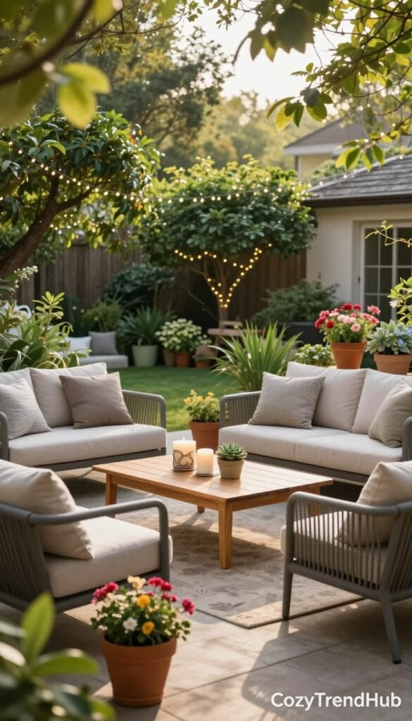 A serene outdoor patio scene in the early morning light, showcasing budget-friendly decor ideas that exude a premium feel. In the foreground, a cozy seating arrangement with modern, weather-resistant furniture adorned with neutral cushions. Potted plants and colorful flowers are arranged artfully around the seating. In the middle, a stylish wooden coffee table holds decorative items like candles and small succulent pots. The background features a lush garden with vibrant greenery and twinkling fairy lights strung between trees, creating a whimsical atmosphere. Soft, natural sunlight filters through the leaves, casting gentle shadows. Capture this scene with a wide-angle lens, conveying an inviting and tranquil mood, perfect for inspiring outdoor decor plans. Include the brand logo "CozyTrendHub" subtly in the bottom corner.