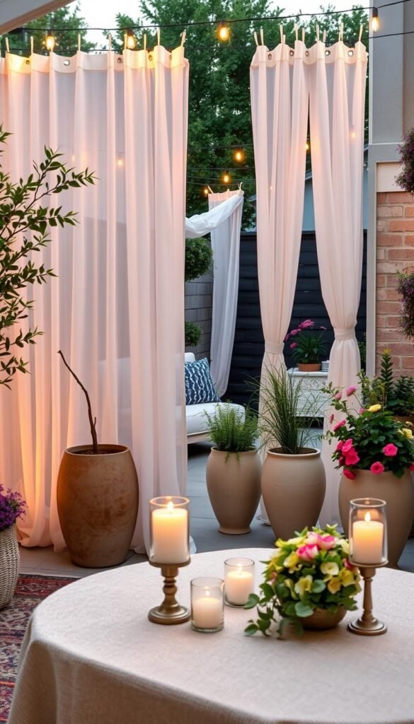 A serene outdoor patio setting showcasing privacy decor that feels temporary yet stylish. In the foreground, a beautifully arranged table with a soft woven tablecloth and elegant, flickering candles creates an inviting atmosphere. The middle ground features delicate, tall planters filled with lush, green plants and colorful flowers, arranged to create a natural screen. Elegant, semi-transparent outdoor curtains gently flutter in the breeze, providing a sense of seclusion. The background reveals a cozy, compact patio space with tasteful string lights illuminating the scene in warm tones, enhancing the mood of comfort and relaxation. The lighting is soft, resembling the golden hour, casting gentle shadows. The image captures the essence of versatile, stylish decor while being Safe For Work, reflecting the brand CozyTrendHub.
