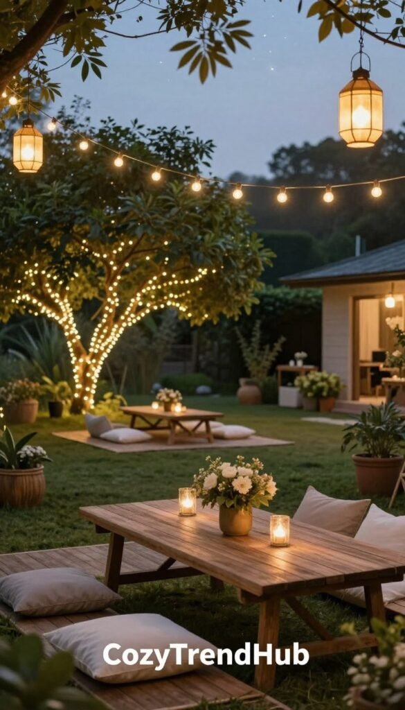 A serene outdoor setting illuminated by beautiful hanging string lights and lanterns, casting a warm, inviting glow over a cozy patio area. In the foreground, a wooden table is adorned with simple yet elegant decor&mdash;an arrangement of potted flowers and soft cushions. The middle ground features a charming picnic setup with fairy lights draped around a nearby tree, creating a magical atmosphere. In the background, lush greenery surrounds the space, enhancing the natural beauty of the scene. A twilight sky hints at dusk, with stars just beginning to twinkle. The overall mood is relaxed and warm, evoking a sense of comfort and style, perfect for showcasing budget-friendly outdoor decor ideas. Styled for a Pinterest aesthetic, reflecting the brand "CozyTrendHub".