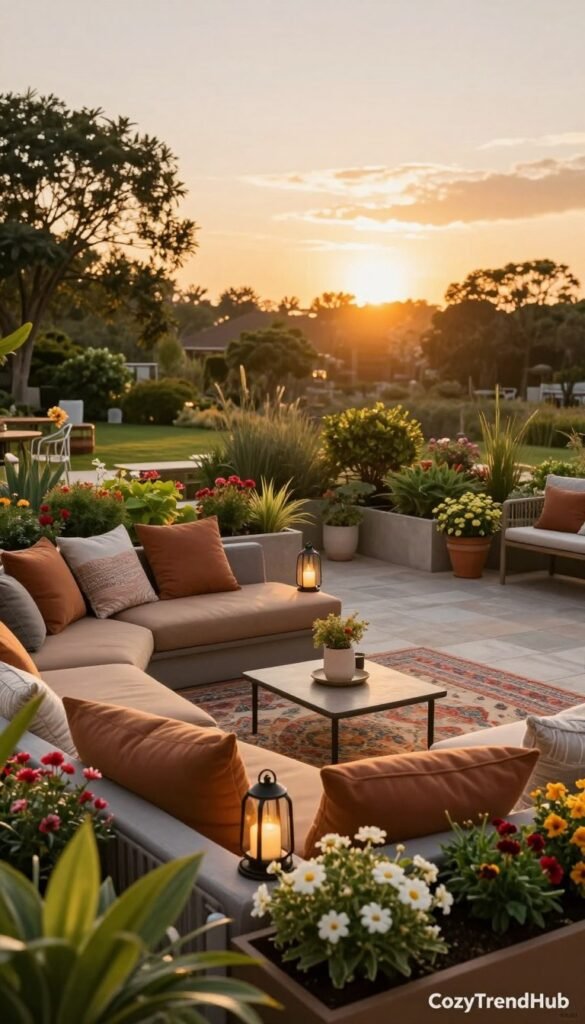 A serene outdoor space designed for relaxation, showcasing a cozy seating area adorned with budget-friendly decor. In the foreground, a stylish patio set with plush cushions in warm hues, surrounded by planters filled with vibrant flowers and low-maintenance greenery. The middle ground features a charming rug that anchors the seating, with decorative lanterns casting a soft glow. In the background, a beautiful sunset bathes the scene in golden light, highlighting a small garden or potted plants. The overall atmosphere is inviting and tranquil, ideal for enjoying nature. Captured from a slightly elevated angle using a wide-angle lens to emphasize depth, creating a Pinterest-inspired aesthetic. Brand name "CozyTrendHub" subtly integrated into the scene.