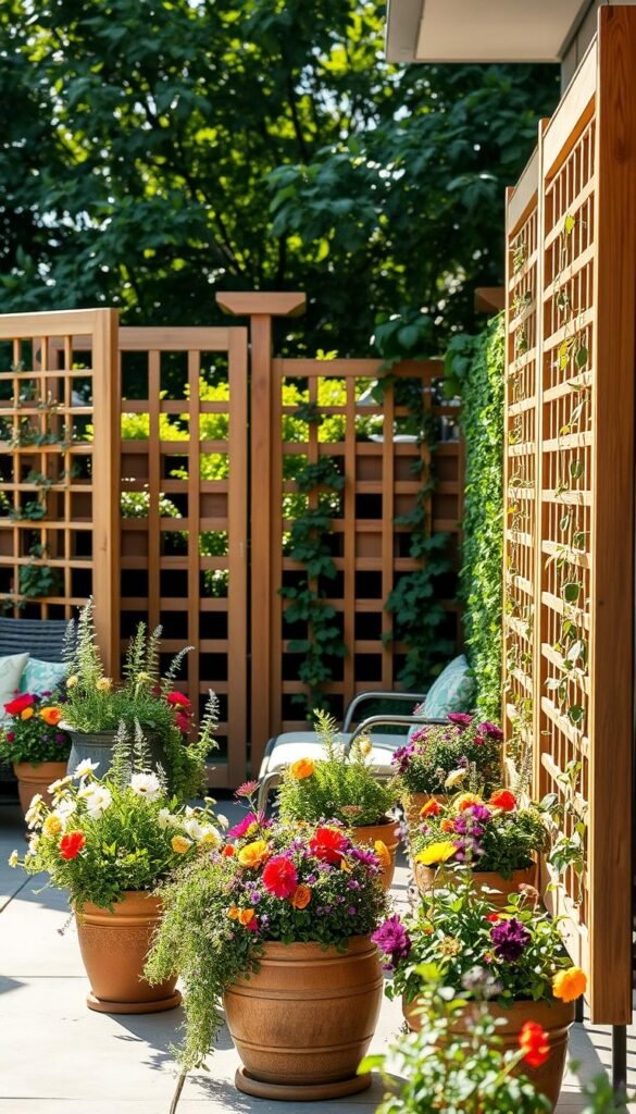 A serene patio scene featuring stylish privacy screens made of natural wood, adorned with climbing plants and flowers, set in a cozy outdoor space. In the foreground, vibrant planters filled with colorful, seasonal flowers and greenery create a welcoming atmosphere. The middle ground showcases a beautifully designed wooden trellis with cascading vines, providing a sense of seclusion and tranquility. In the background, soft sunlight filters through lush greenery, casting gentle shadows. The image is captured from a slightly elevated angle, using a soft focus lens to emphasize the relaxing ambiance. The overall mood is inviting and peaceful, perfect for leisurely afternoons. This lifestyle photo aligns with the aesthetic of CozyTrendHub. A serene patio scene featuring stylish privacy screens made of natural wood, adorned with climbing plants and flowers, set in a cozy outdoor space. In the foreground, vibrant planters filled with colorful, seasonal flowers and greenery create a welcoming atmosphere. The middle ground showcases a beautifully designed wooden trellis with cascading vines, providing a sense of seclusion and tranquility. In the background, soft sunlight filters through lush greenery, casting gentle shadows. The image is captured from a slightly elevated angle, using a soft focus lens to emphasize the relaxing ambiance. The overall mood is inviting and peaceful, perfect for leisurely afternoons. This lifestyle photo aligns with the aesthetic of CozyTrendHub.
