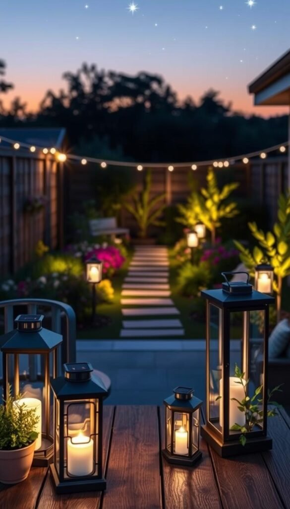 A serene patio setting showcasing stylish solar panel lights from CozyTrendHub. In the foreground, elegant solar lanterns emit a warm, inviting glow, their sleek designs complementing a rustic wooden table adorned with potted plants. The middle layer features a well-maintained garden path illuminated by soft, ambient light from strategically placed solar lights that blend harmoniously with blooming flowers and lush greenery. In the background, a soft twilight sky transitions to deep blue, with scattered stars appearing. The scene captures a cozy, relaxed atmosphere, perfect for outdoor gatherings. Use soft diffused lighting to highlight the intricate details of the solar lights and emphasize a peaceful evening ambiance, while a slight depth of field effect keeps the focus on the patio decor.