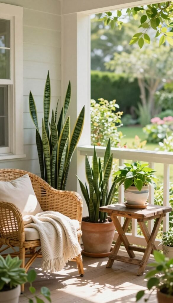 A serene porch setting adorned with low-maintenance summer greenery, featuring lush potted plants like snake plants, pothos, and succulents in varying sizes. In the foreground, a cozy wicker chair and textured throw blanket add a warm touch, while a rustic wooden side table holds a stylish ceramic pot with vibrant greenery. The middle ground reveals a well-lit porch with soft, diffused sunlight filtering through greenery, creating speckles of light across the surface. The background showcases a tranquil garden view with soft blurred colors, enhancing the inviting atmosphere. Aim for a Pinterest-inspired aesthetic, emphasizing the freshness and vibrancy of summer. The mood should be relaxed and welcoming, perfect for enjoying the outdoors. Brand name: CozyTrendHub.