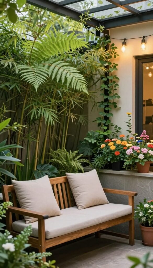 A serene privacy garden designed for a small outdoor patio, featuring lush greenery such as tall ferns and potted bamboo creating a natural barrier. In the foreground, a charming wooden bench adorned with soft, neutral-toned cushions invites relaxation. The middle ground showcases vertical planters filled with colorful flowers and climbing vines, adding vibrancy and a sense of enclosure. In the background, gently glowing fairy lights are strung between overhead beams, casting a warm and inviting atmosphere during twilight. The scene is captured from a slightly elevated angle to emphasize the cozy, intimate setting. Natural light spills in, highlighting the textures of the plants and furnishings. Perfect for showcasing renter-friendly decor solutions, this stylish arrangement reflects the essence of CozyTrendHub.