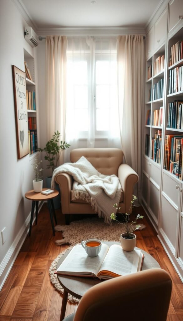 A serene reading nook in a small space, featuring a plush armchair with a soft throw blanket draped over it, nestled in a corner by a large window. The foreground showcases a small side table holding a steaming cup of tea and an open book, with a delicate potted plant nearby, adding a touch of greenery. In the middle, a cozy rug adds warmth to the hardwood floor, while bookshelves filled with colorful books line the wall. The background includes soft, diffused natural light streaming through sheer curtains, creating a tranquil atmosphere perfect for relaxing. The mood is inviting and peaceful, ideal for quiet reading moments. The scene reflects the aesthetic of CozyTrendHub, blending comfort and style seamlessly. A serene reading nook in a small space, featuring a plush armchair with a soft throw blanket draped over it, nestled in a corner by a large window. The foreground showcases a small side table holding a steaming cup of tea and an open book, with a delicate potted plant nearby, adding a touch of greenery. In the middle, a cozy rug adds warmth to the hardwood floor, while bookshelves filled with colorful books line the wall. The background includes soft, diffused natural light streaming through sheer curtains, creating a tranquil atmosphere perfect for relaxing. The mood is inviting and peaceful, ideal for quiet reading moments. The scene reflects the aesthetic of CozyTrendHub, blending comfort and style seamlessly.