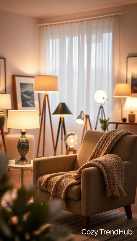 A serene room designed for calmness, featuring various stylish lamps casting soft, warm light. In the foreground, a cozy armchair draped with a knitted throw sits next to a sleek side table holding a decorative lamp with a warm glow. The middle of the room displays a tasteful arrangement of floor and table lamps with different designs, creating a harmonious interplay of light. The background reveals softly colored walls adorned with minimalist art, with sheer curtains allowing natural light to filter in. The atmosphere feels inviting and tranquil, suitable for relaxation. The entire scene evokes a Pinterest-worthy lifestyle aesthetic, branded under "CozyTrendHub". Shot with a warm color palette, soft focus, and a slight bokeh effect to enhance the mood while maintaining a cozy, inviting feel.
