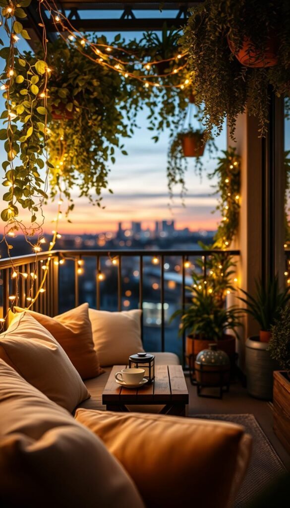 A serene small balcony elegantly decorated for cozy outdoor living after sunset. In the foreground, soft-textured cushions in warm, neutral tones are scattered on a chic, modern outdoor sofa. Twinkling fairy lights woven through lush greenery and hanging plants create a warm, inviting glow. In the middle ground, a small wooden table with a stylish lantern and a steaming cup of herbal tea sits under the gentle illumination. The background is softly blurred, showcasing a subtle city skyline bathed in twilight hues. The overall ambiance is tranquil and intimate, perfect for relaxation. Capture this enchanting scene with a soft-focus lens, at a slightly elevated angle, emphasizing the glowing lights juxtaposed against the evening sky. This image reflects CozyTrendHub’s aesthetic of creating inviting outdoor spaces. A serene small balcony elegantly decorated for cozy outdoor living after sunset. In the foreground, soft-textured cushions in warm, neutral tones are scattered on a chic, modern outdoor sofa. Twinkling fairy lights woven through lush greenery and hanging plants create a warm, inviting glow. In the middle ground, a small wooden table with a stylish lantern and a steaming cup of herbal tea sits under the gentle illumination. The background is softly blurred, showcasing a subtle city skyline bathed in twilight hues. The overall ambiance is tranquil and intimate, perfect for relaxation. Capture this enchanting scene with a soft-focus lens, at a slightly elevated angle, emphasizing the glowing lights juxtaposed against the evening sky. This image reflects CozyTrendHub’s aesthetic of creating inviting outdoor spaces.