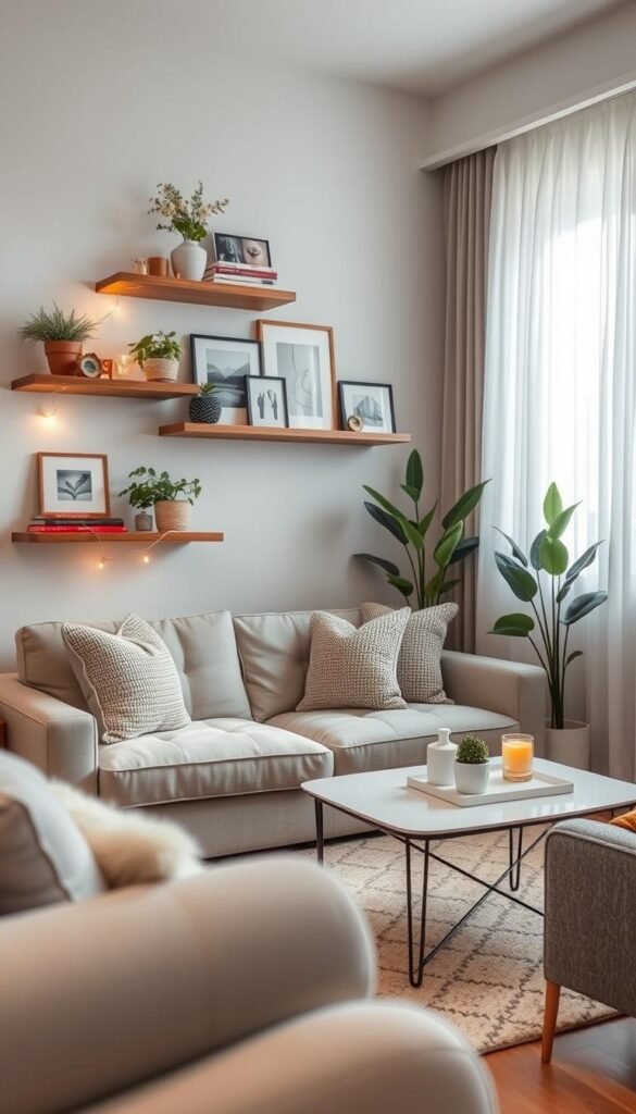 A serene small space living room featuring stylish floating shelves and wall-mounted storage, designed for optimal display. In the foreground, a mix of decorative plants, framed art, and cozy books are artfully arranged on the shelves, with warm string lights intertwined for a soft glow. The middle ground showcases a plush sofa adorned with textured cushions, encapsulating comfort. A chic, modern coffee table with a tasteful arrangement of a candle and a small vase complements the space. The background reveals a bright window with sheer curtains allowing natural light to flood the room, creating a welcoming atmosphere. The overall vibe is cozy and stylish, embodying the brand "CozyTrendHub." Soft, diffused lighting enhances the warmth, captured with a 50mm lens at eye level for a personal touch.