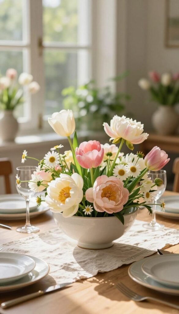A serene spring dining table featuring an elegant low-profile centerpiece bowl, artfully arranged with a vibrant mix of seasonal flowers such as tulips, daisies, and peonies in soft pastel hues. The foreground displays the centerpiece, gently lit by warm, natural light streaming in from a nearby window, highlighting the delicate textures of the flowers and the smooth finish of the bowl. In the middle ground, the table is set with simple, rustic tableware and a subtle linen table runner, creating a harmonious and inviting atmosphere. The background showcases a softly blurred view of fresh greenery and blooming plants, evoking the essence of spring. The scene is styled with a Pinterest-inspired flair, reflecting the brand "CozyTrendHub". The overall mood is fresh, cheerful, and perfect for both everyday meals and special occasions.