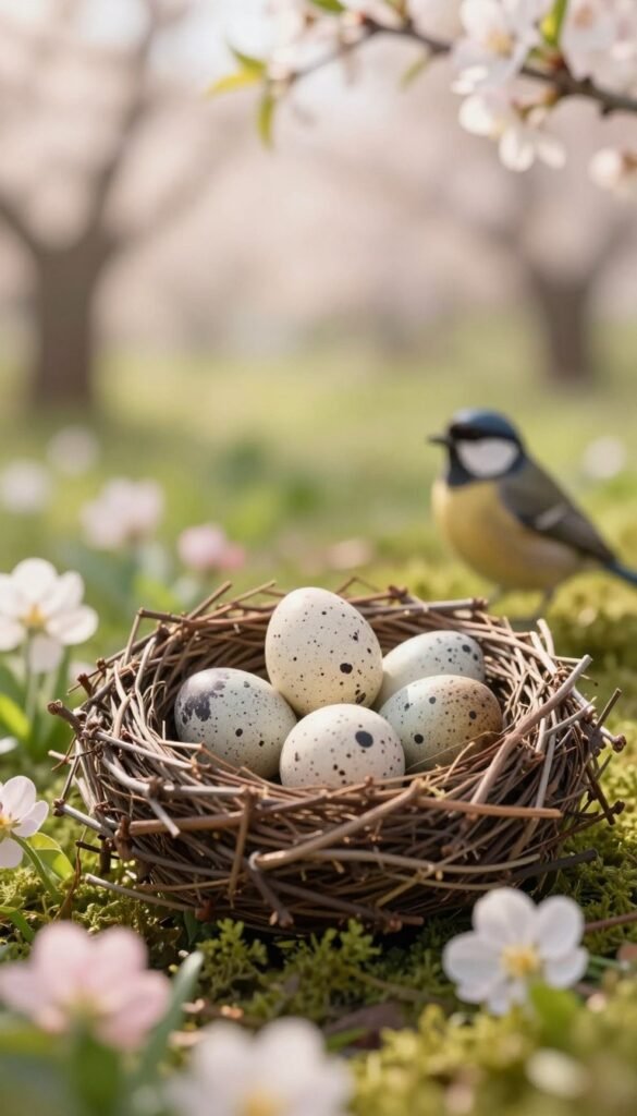 A serene spring scene featuring a beautifully crafted nest filled with delicate speckled eggs nestled among fresh green foliage and pastel flowers. In the foreground, soft natural lighting illuminates the nest, emphasizing the textures of twigs and moss. The middle ground showcases subtle hints of spring animals, like a small, stylish bird perched nearby, blending harmoniously with the decor. The background fades into a gentle blur of blooming trees and sunlight filtering through their leaves, creating a warm, inviting atmosphere. The image reflects the essence of a cozy, renter-friendly spring ambiance, perfect for home decor inspiration by CozyTrendHub. The angle is slightly low, capturing the nest at eye level to engage viewers with a real-life, inviting aesthetic.