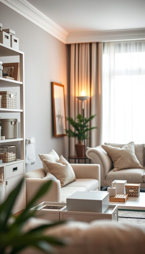 A serene, well-organized living space emphasizing space-saving home organization products. In the foreground, a stylish shelf holds neatly arranged containers and decorative boxes with labels. The middle ground features a cozy seating area adorned with soft, muted throw pillows and a coffee table that showcases a few aesthetically pleasing organization tools. In the background, a bright, airy window allows natural light to flood the room, highlighting the organized chaos stored away neatly. The atmosphere feels calm and inviting, with a subtle warm glow from strategically placed soft lighting. This Pinterest-worthy scene reflects a blend of modern functionality and cozy decor, embodying the essence of "CozyTrendHub". Use a wide-angle lens to capture the entirety of the space, creating an inviting perspective.