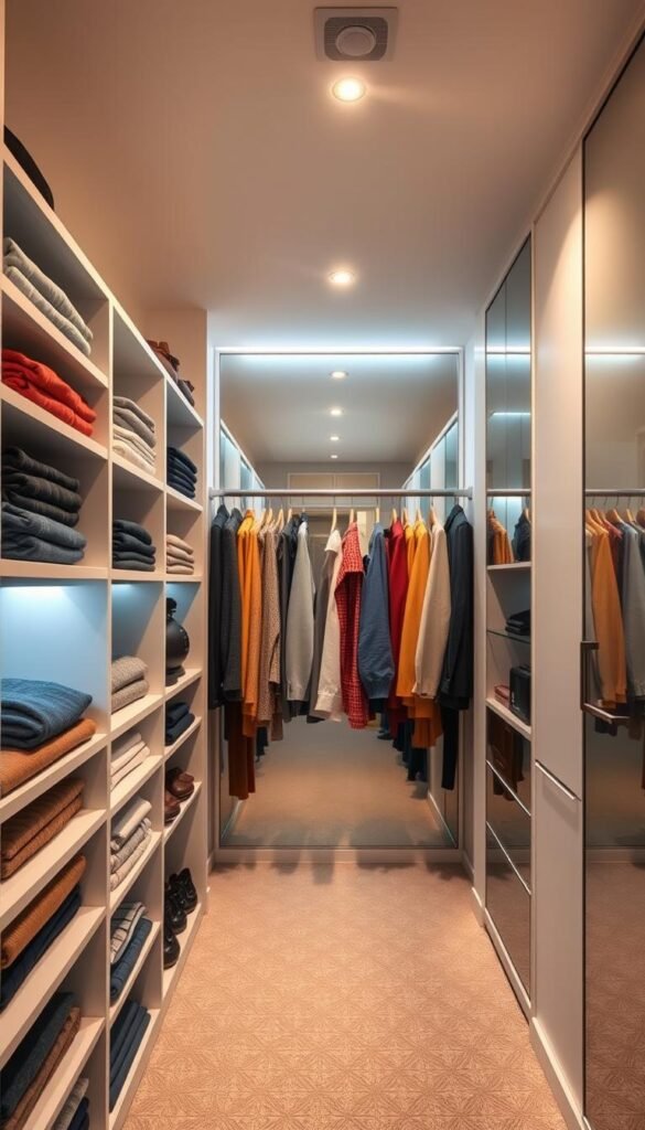 A sleek, modern closet interior illuminated by motion-sensor lighting. In the foreground, neatly organized shelves showcase neatly folded sweaters and various accessories. The middle features a stylish coat rack with hangers displaying colorful jackets. The walls are a soft, light color, enhancing the bright glow from the sensor lights that activate upon entry, casting warm, inviting light throughout the space. The background features a full-length mirror, creating depth and reflecting the inviting atmosphere. Soft shadows add dimension, and the lighting creates a cheerful ambiance, perfect for easy browsing. Designed in a Pinterest-style, this image embodies a cozy and well-organized closet space. Captured with a wide-angle lens to emphasize the spaciousness, the scene reflects the aesthetic ideals of CozyTrendHub.