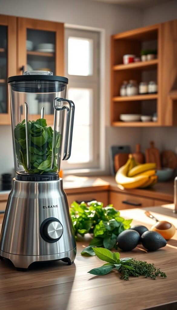 A sleek, modern countertop blender with a stainless steel finish sits prominently in the foreground, showcasing its sharp blades and clear glass pitcher filled with vibrant green smoothie ingredients, like spinach and fruits. In the middle, an immaculately arranged kitchen countertop features fresh ingredients like bananas, avocados, and herbs, enhancing the atmosphere of culinary creativity. The background reveals a cozy kitchen setting with soft, warm lighting accentuating wooden cabinets and open shelves filled with spices and cooking utensils. Natural light filters through a nearby window, creating gentle shadows that emphasize the blender's design. The entire image conveys a sense of warmth and inspiration, perfect for beginners looking to enhance their kitchen experience. The scene is styled to reflect the CozyTrendHub aesthetic, blending functionality with modern home decor.