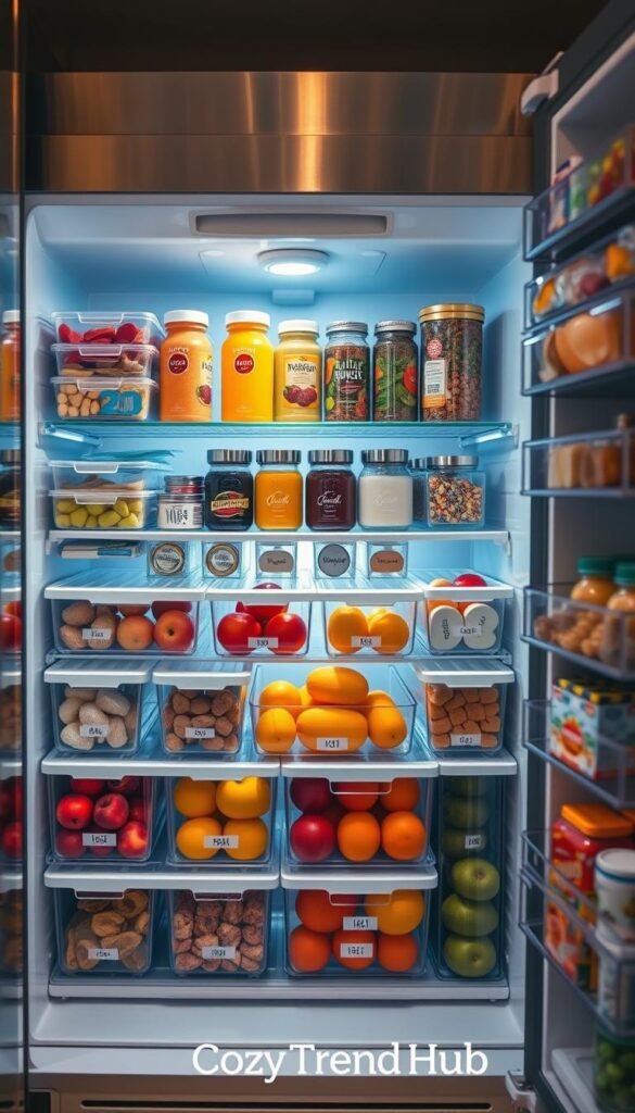 A sleek, modern fridge organizer fully stocked with various food containers, fruits, and vegetables, showcasing optimal space utilization. In the foreground, clear plastic bins neatly arranged, labeled for easy access to snacks and condiments, while vibrant fruits are displayed in bright, colorful sections. The middle layer features an organized condiment shelf with labeled jars and a few larger containers for bulk items, all placed to ensure visibility and convenience. The background includes a stylish refrigerator with a stainless-steel finish, reflecting ambient kitchen lighting that creates a warm and inviting atmosphere. The scene evokes a sense of efficiency and calm, perfect for anyone looking to maximize space in their fridge. Capture this cozy yet modern kitchen aesthetic with a Pinterest-inspired style, featuring the brand name "CozyTrendHub."