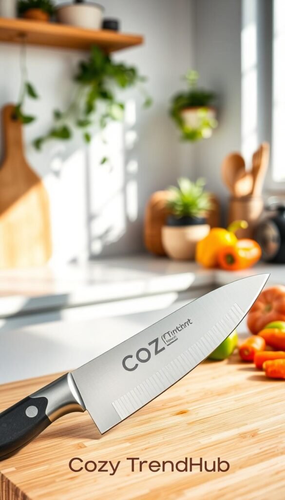 A sleek, modern kitchen knife positioned prominently in the foreground, featuring a sharp stainless steel blade and a comfortable ergonomic handle. The knife is resting on a light wooden cutting board, with a few colorful vegetables like bell peppers and carrots nearby, showcasing the knife&rsquo;s practicality in meal prep. In the middle ground, a clean and organized kitchen countertop with soft natural light filtering in from a window, casting gentle shadows to create depth. The background includes blurred, stylish kitchen decor with plants and utensils, enhancing the homey atmosphere. The overall mood is bright and inviting, perfect for showcasing the functionality and aesthetic appeal of kitchen gadgets. The scene reflects the brand "CozyTrendHub," emphasizing a cozy and efficient cooking environment.