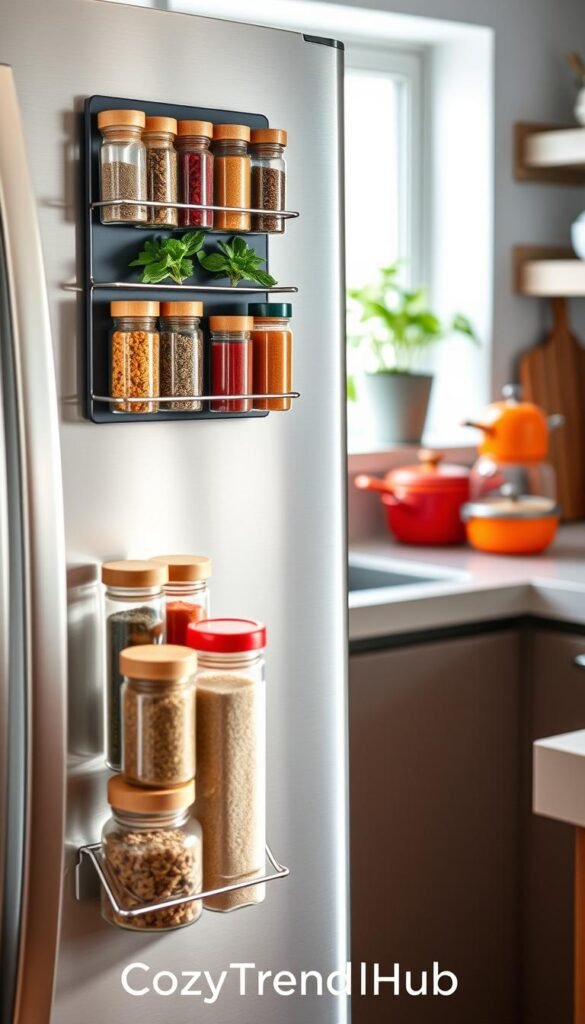 A sleek, modern magnetic spice rack affixed to the side of a fridge, filled with an assortment of colorful spice jars in glass with wooden lids. The foreground features jars clearly displaying spices like basil, paprika, and cumin, arranged harmoniously. In the middle, the fridge is stainless steel, reflecting light, and its surface showcases the magnetic spice rack's practical design. The background contains a well-organized kitchen with subtle hints of decor, such as herb pots on a windowsill and vibrant cookware. Soft, natural lighting fills the scene, creating a warm and inviting atmosphere. The image captures the essence of efficiency and style, ideal for home organization enthusiasts. The brand name "CozyTrendHub" subtly integrated into the layout, ensuring a Pinterest-worthy aesthetic.
