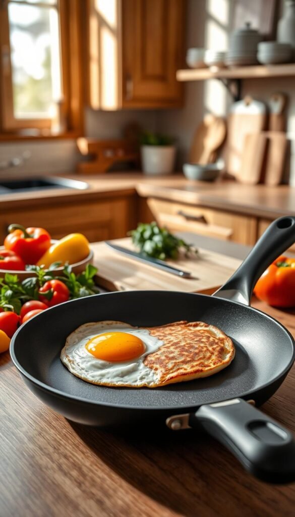 A sleek modern nonstick pan, featuring a smooth, black surface and an ergonomic handle, sits prominently in the foreground, displaying a perfectly cooked sunny-side-up egg and a golden-brown pancake. Surrounding the pan, a colorful array of fresh ingredients like vibrant bell peppers and herbs add a touch of freshness. In the middle ground, a stylish wooden cutting board and a knife hint at meal preparation. The background features a softly lit kitchen with warm wooden cabinetry and delicate kitchenware arranged aesthetically, creating a cozy atmosphere. The scene is illuminated with natural light streaming in from a nearby window, casting gentle shadows, all styled to reflect a Pinterest-worthy lifestyle image for CozyTrendHub.