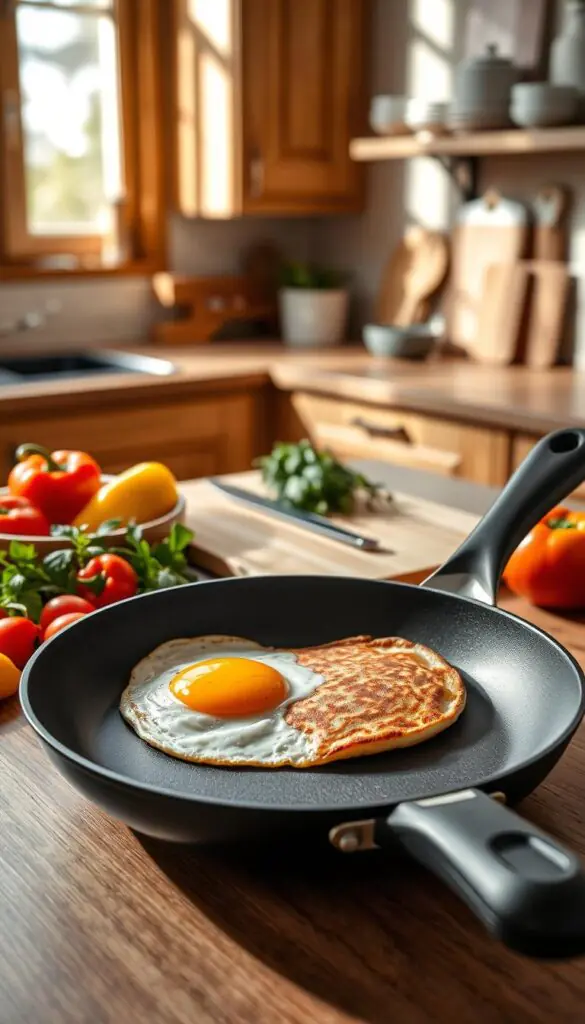 A sleek modern nonstick pan, featuring a smooth, black surface and an ergonomic handle, sits prominently in the foreground, displaying a perfectly cooked sunny-side-up egg and a golden-brown pancake. Surrounding the pan, a colorful array of fresh ingredients like vibrant bell peppers and herbs add a touch of freshness. In the middle ground, a stylish wooden cutting board and a knife hint at meal preparation. The background features a softly lit kitchen with warm wooden cabinetry and delicate kitchenware arranged aesthetically, creating a cozy atmosphere. The scene is illuminated with natural light streaming in from a nearby window, casting gentle shadows, all styled to reflect a Pinterest-worthy lifestyle image for CozyTrendHub.