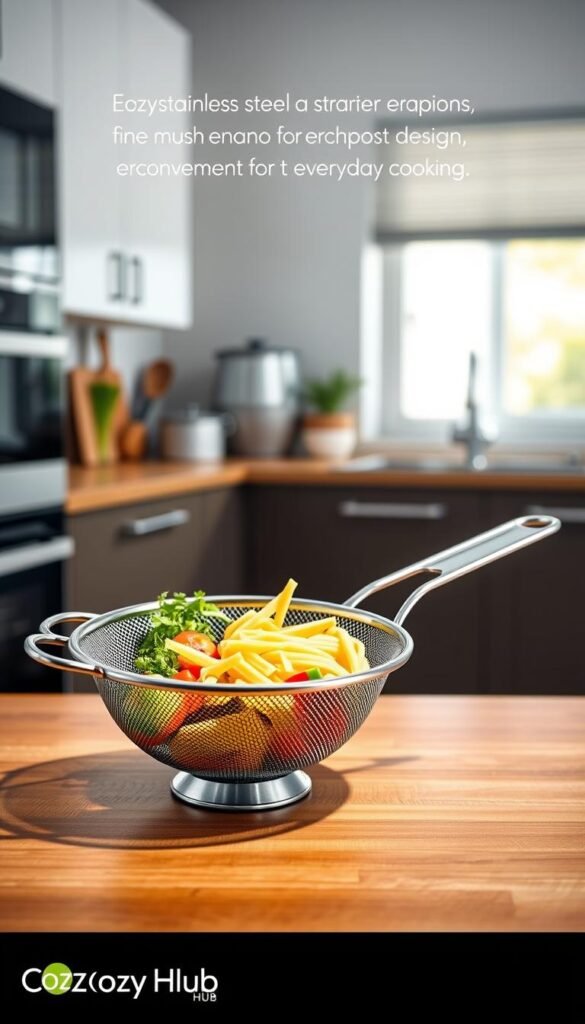 A sleek, modern strainer tool designed for efficient use in a compact kitchen setting. In the foreground, focus on a stylish stainless steel strainer with fine mesh, ergonomically designed handles, and a shadow reflecting on a wooden countertop. The middle layer showcases fresh vegetables and pasta being poured into the strainer, emphasizing its practicality. The background should feature a tidy, contemporary kitchen with soft, natural lighting coming from a nearby window, casting a warm glow over the scene. The overall mood is clean, inviting, and functional, embodying convenience for everyday cooking. The aesthetic aligns with the brand "CozyTrendHub," reflecting a lifestyle that values both beauty and utility.