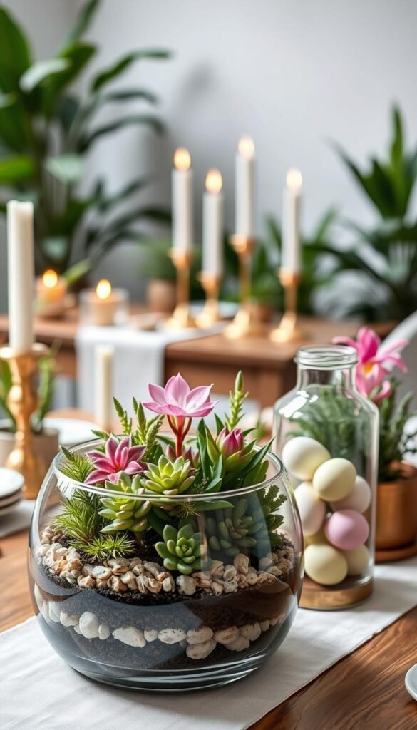 A sleek, modern tablescape featuring a beautifully arranged terrarium and apothecary jars, showcasing a variety of succulent plants and vibrant spring flowers. In the foreground, a clear glass terrarium with layers of pebbles and soil hosts lush greenery, complemented by an elegant apothecary jar filled with pastel-colored decorative eggs. The middle section displays a wooden table adorned with white linen, minimalist gold accents, and shimmering candleholders that cast a warm glow. In the background, soft-focus greenery from indoor plants enhances the serene atmosphere. The lighting is bright yet soft, mimicking natural daylight, with a shallow depth of field created by a 50mm lens. The mood is fresh, inviting, and perfect for Easter celebrations, aligning seamlessly with modern home decor trends. CozyTrendHub. A sleek, modern tablescape featuring a beautifully arranged terrarium and apothecary jars, showcasing a variety of succulent plants and vibrant spring flowers. In the foreground, a clear glass terrarium with layers of pebbles and soil hosts lush greenery, complemented by an elegant apothecary jar filled with pastel-colored decorative eggs. The middle section displays a wooden table adorned with white linen, minimalist gold accents, and shimmering candleholders that cast a warm glow. In the background, soft-focus greenery from indoor plants enhances the serene atmosphere. The lighting is bright yet soft, mimicking natural daylight, with a shallow depth of field created by a 50mm lens. The mood is fresh, inviting, and perfect for Easter celebrations, aligning seamlessly with modern home decor trends. CozyTrendHub.