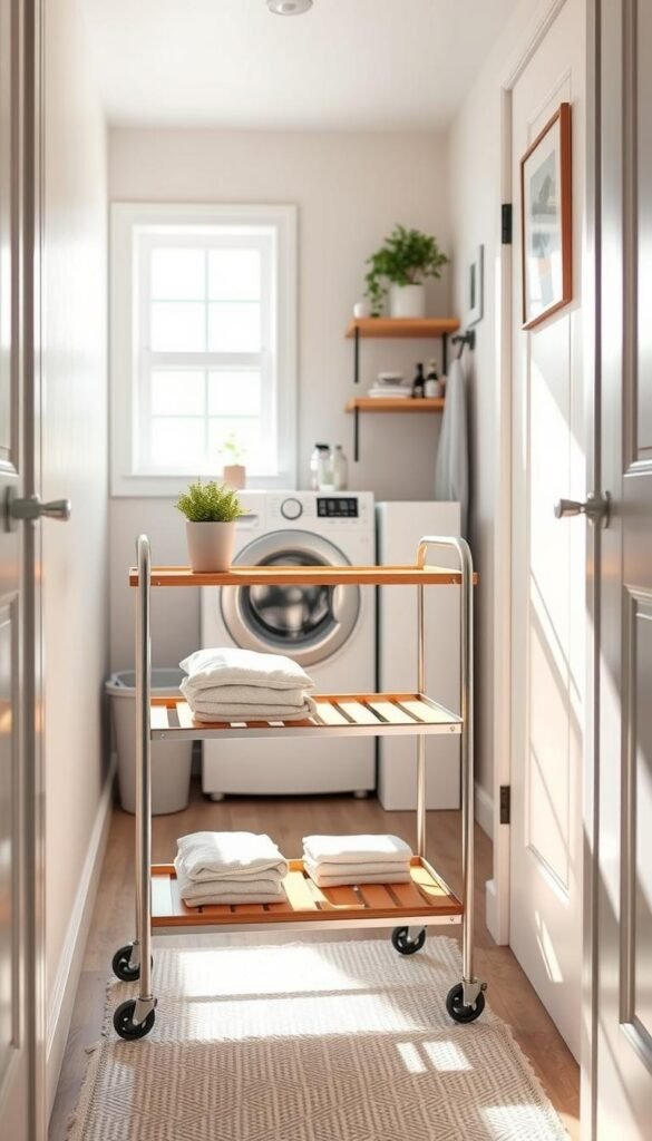A sleek, modern utility cart in a cozy, well-lit laundry room, designed for small spaces. The cart, featuring a minimalist metallic frame and wooden shelves, is positioned in a tight corner, showcasing its practicality and space-saving design. The foreground includes neatly folded laundry and a small potted plant on the cart shelf, adding a touch of warmth. In the middle, a washing machine is visible, along with a bright window allowing natural light to filter through, creating an inviting atmosphere. The background reveals soft pastel walls and subtle decor, enhancing the serene mood. Capture this scene with a soft focus, using natural lighting to highlight the cart's elegant features, as seen in a Pinterest-style lifestyle photo by CozyTrendHub.