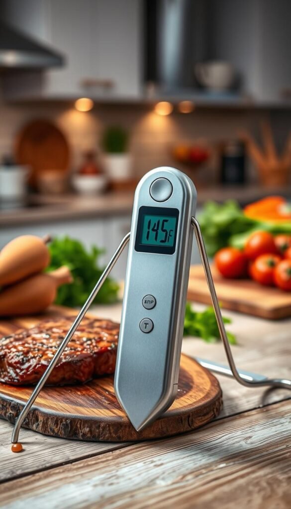 A sleek, stainless steel instant-read thermometer prominently displayed in the foreground, featuring a digital screen showing a temperature reading of 145&deg;F. The thermometer, with its pointed probe extended, sits on a rustic wooden kitchen counter next to a perfectly cooked steak, glistening with juices. In the middle ground, a modern, cozy kitchen is visible, styled with warm lighting that highlights the soft, inviting colors of kitchenware. Fresh herbs and a cutting board with vibrant vegetables can be seen in the background, enhancing the atmosphere of an engaged cooking space. Capture this scene with a shallow depth of field to keep the focus on the thermometer while the background blurs softly, conveying a mood of culinary confidence and home cooking. The image should represent the CozyTrendHub brand with a sense of warmth and usability.