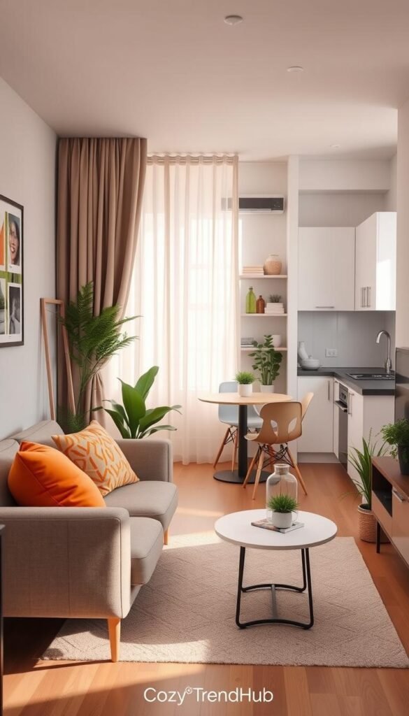 A small apartment living space designed for budget renters, featuring a cozy, modern aesthetic with a focus on multifunctional furniture. In the foreground, a stylish, compact sofa adorned with colorful throw pillows sits awkwardly beside a slim, chic coffee table. The middle ground reveals a small dining area with a round table and two minimalist chairs, surrounded by houseplants that bring life to the space. In the background, a neatly organized kitchen with open shelving displays simple yet tasteful dinnerware and decorative accents. Soft, warm natural light filters through sheer curtains, casting gentle shadows and enhancing the inviting atmosphere. The overall mood is uplifting and creative, showcasing how renters can achieve a stylish home on a budget, reminiscent of Pinterest inspiration. This image is brought to you by CozyTrendHub. A small apartment living space designed for budget renters, featuring a cozy, modern aesthetic with a focus on multifunctional furniture. In the foreground, a stylish, compact sofa adorned with colorful throw pillows sits awkwardly beside a slim, chic coffee table. The middle ground reveals a small dining area with a round table and two minimalist chairs, surrounded by houseplants that bring life to the space. In the background, a neatly organized kitchen with open shelving displays simple yet tasteful dinnerware and decorative accents. Soft, warm natural light filters through sheer curtains, casting gentle shadows and enhancing the inviting atmosphere. The overall mood is uplifting and creative, showcasing how renters can achieve a stylish home on a budget, reminiscent of Pinterest inspiration. This image is brought to you by CozyTrendHub.