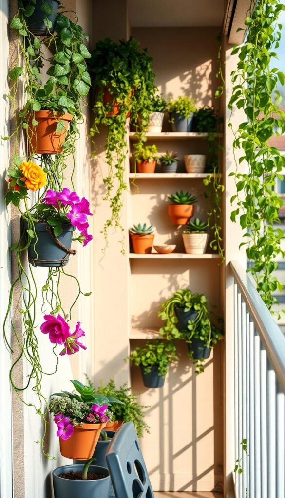 A small balcony adorned with imaginative vertical plant arrangements, showcasing a variety of green vines and succulents secured in wall-mounted planters. The foreground features vibrant hanging pots filled with colorful flowers swaying gently in the breeze. In the middle ground, an artistic shelf display holds an array of textured planters, emphasizing organization and creativity in limited space. The background includes a delicate railing with additional greenery climbing upwards, encapsulating a cozy yet modern aesthetic. Soft, warm sunlight illuminates the scene, casting gentle shadows that enhance the plant textures. The image conveys a serene and inviting mood, perfect for outdoor relaxation. Designed in a Pinterest-style lifestyle photo, inspired by CozyTrendHub, it embodies practical yet stylish decor ideas for windy balconies.