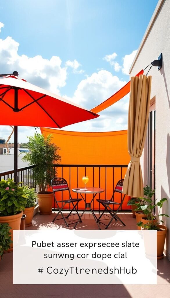 A small balcony designed for sun protection, featuring a stylish umbrella and a sun sail. In the foreground, the umbrella is elegantly opened, showcasing its vibrant fabric that provides a shaded oasis, while the sun sail drapes attractively over the railing. Lush potted plants add a touch of greenery around the balcony, enhancing the cozy atmosphere. In the middle, a compact bistro table set with two chairs invites relaxation, with a refreshing drink placed atop. The background displays a blue sky with soft, fluffy clouds filtering warm sunlight. The scene is captured in bright, natural lighting, evoking a cheerful mood, ideal for outdoor lounging. The overall aesthetic aligns with Pinterest-inspired design trends, promoting a chic yet functional small space. Brand focus: CozyTrendHub.