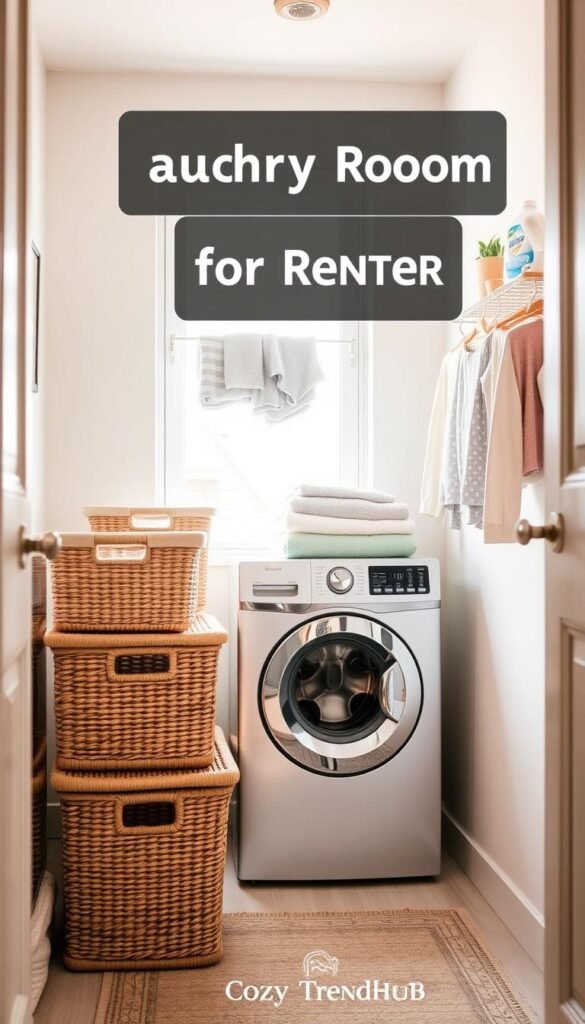A small, cozy laundry room designed for renters, featuring compact storage solutions. In the foreground, a neatly arranged stack of woven storage baskets in soft pastel colors, next to a small, sleek washing machine. The middle ground showcases a wall-mounted drying rack, filled with freshly washed clothes, and a minimalist shelf holding laundry essentials like detergent and fabric softener. In the background, a window allows soft, natural light to illuminate the space, creating a warm and inviting atmosphere. The walls are painted in light, neutral tones, complemented by a stylish rug on the floor. The overall scene embodies practicality and charm, perfect for maximizing space in a rental. Capture this image in a soft-focus lens with a warm, inviting mood, ideal for Pinterest-style decor inspiration, styled by CozyTrendHub. A small, cozy laundry room designed for renters, featuring compact storage solutions. In the foreground, a neatly arranged stack of woven storage baskets in soft pastel colors, next to a small, sleek washing machine. The middle ground showcases a wall-mounted drying rack, filled with freshly washed clothes, and a minimalist shelf holding laundry essentials like detergent and fabric softener. In the background, a window allows soft, natural light to illuminate the space, creating a warm and inviting atmosphere. The walls are painted in light, neutral tones, complemented by a stylish rug on the floor. The overall scene embodies practicality and charm, perfect for maximizing space in a rental. Capture this image in a soft-focus lens with a warm, inviting mood, ideal for Pinterest-style decor inspiration, styled by CozyTrendHub.