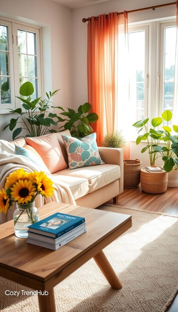 A small, inviting living room styled for summer, featuring a cozy sofa adorned with vibrant, patterned throw pillows in shades of coral and turquoise. A light, airy cotton throw drapes casually over the armrest. In the foreground, a wooden coffee table holds a vase of fresh sunflowers and a collection of summertime books. The middle ground showcases a stylish area rug that adds warmth, while sheer curtains flutter gently in the soft sunlight streaming through large windows, infusing the space with a cheerful glow. In the background, potted green plants enhance the lively atmosphere. The image is shot with a wide-angle lens to capture the cozy layout, emphasizing a bright and inviting mood, perfect for a summer theme. CozyTrendHub. A small, inviting living room styled for summer, featuring a cozy sofa adorned with vibrant, patterned throw pillows in shades of coral and turquoise. A light, airy cotton throw drapes casually over the armrest. In the foreground, a wooden coffee table holds a vase of fresh sunflowers and a collection of summertime books. The middle ground showcases a stylish area rug that adds warmth, while sheer curtains flutter gently in the soft sunlight streaming through large windows, infusing the space with a cheerful glow. In the background, potted green plants enhance the lively atmosphere. The image is shot with a wide-angle lens to capture the cozy layout, emphasizing a bright and inviting mood, perfect for a summer theme. CozyTrendHub.