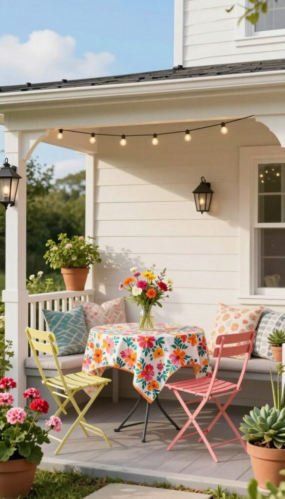 A small, inviting porch decorated for summer, showcasing stylish yet functional decor that optimizes space. In the foreground, a cozy bistro table set with vibrant, mismatched chairs, adorned with a bright floral tablecloth and a small vase filled with fresh flowers. Potted plants, such as geraniums and succulents, frame the sides of the porch, adding a touch of greenery. In the middle, a cushioned bench with soft, patterned throw pillows invites relaxation, while string lights overhead create a warm, enchanting glow. The background features a clear blue sky with a hint of drifting clouds, enhancing the summer ambiance. Shot in natural daylight with a slightly blurred effect to evoke a dreamy, Pinterest-style vibe. This aesthetic image aligns with the essence of summer living in small spaces, branded with "CozyTrendHub."