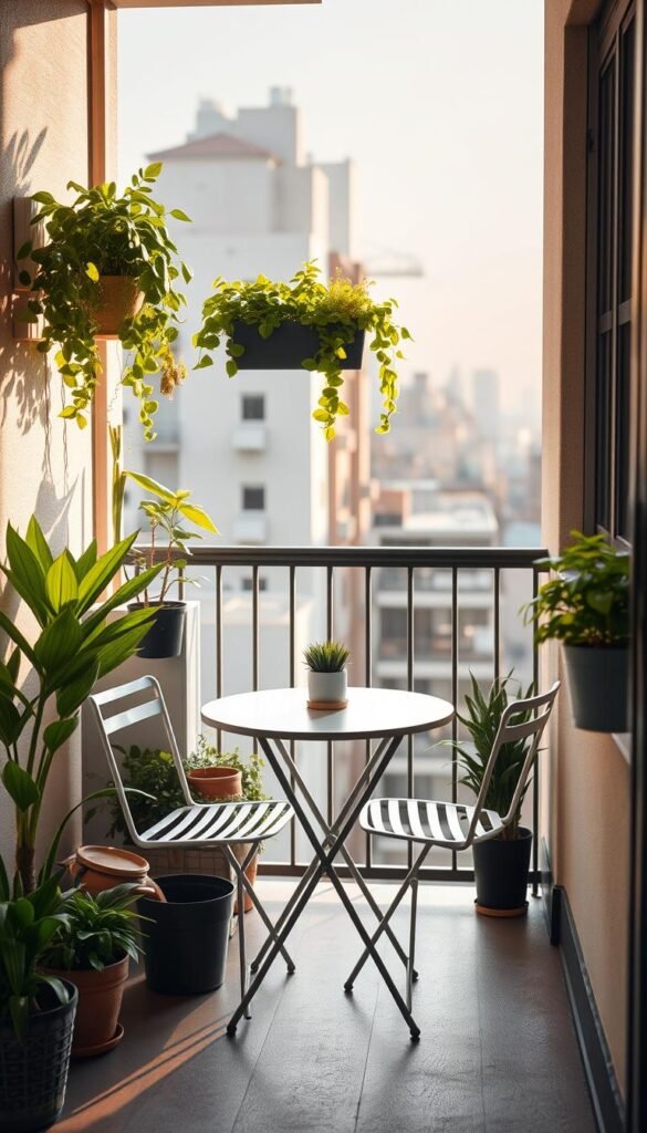 A small, stylish balcony scene, showcasing practical constraints for urban living. In the foreground, a compact bistro table with two minimalist chairs creates an inviting space, surrounded by lush potted plants to add greenery. The middle ground features a gentle railing that hints at height, while practical storage solutions like a vertical planter maximize the space. In the background, a cityscape is visible, with soft sunlight filtering through buildings, casting warm, inviting shadows. The atmosphere is serene and organized, appealing to renters looking for smart, stylish balcony ideas. Use soft, natural lighting reminiscent of late afternoon. Capture this cozy lifestyle aesthetic in a Pinterest-style image, reflecting the brand "CozyTrendHub". A small, stylish balcony scene, showcasing practical constraints for urban living. In the foreground, a compact bistro table with two minimalist chairs creates an inviting space, surrounded by lush potted plants to add greenery. The middle ground features a gentle railing that hints at height, while practical storage solutions like a vertical planter maximize the space. In the background, a cityscape is visible, with soft sunlight filtering through buildings, casting warm, inviting shadows. The atmosphere is serene and organized, appealing to renters looking for smart, stylish balcony ideas. Use soft, natural lighting reminiscent of late afternoon. Capture this cozy lifestyle aesthetic in a Pinterest-style image, reflecting the brand "CozyTrendHub".