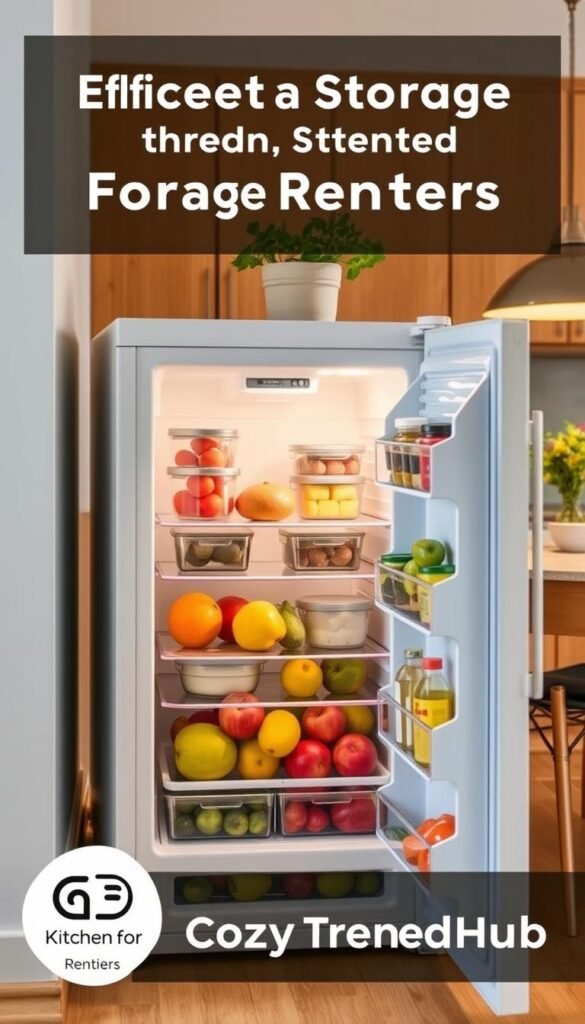 A small, stylish fridge situated in a cozy kitchen corner, featuring a vibrant array of colorful fruits and neatly organized containers. The fridge is adorned with subtle touches of greenery from a potted herb plant on top, and there are stylish fridge organizers visible through the glass shelves, showcasing their functionality. Soft, natural lighting illuminates the scene, enhancing the freshness of the items inside. The angle is slightly elevated, capturing the fridge in a welcoming, homey atmosphere. The background includes warm wooden cabinets and a hint of a dining area, creating a harmonious, lived-in feel. The overall mood is inviting and practical, reflecting the essence of efficient storage for renters. Logo of "CozyTrendHub" subtly incorporated into the kitchen decor. A small, stylish fridge situated in a cozy kitchen corner, featuring a vibrant array of colorful fruits and neatly organized containers. The fridge is adorned with subtle touches of greenery from a potted herb plant on top, and there are stylish fridge organizers visible through the glass shelves, showcasing their functionality. Soft, natural lighting illuminates the scene, enhancing the freshness of the items inside. The angle is slightly elevated, capturing the fridge in a welcoming, homey atmosphere. The background includes warm wooden cabinets and a hint of a dining area, creating a harmonious, lived-in feel. The overall mood is inviting and practical, reflecting the essence of efficient storage for renters. Logo of "CozyTrendHub" subtly incorporated into the kitchen decor.