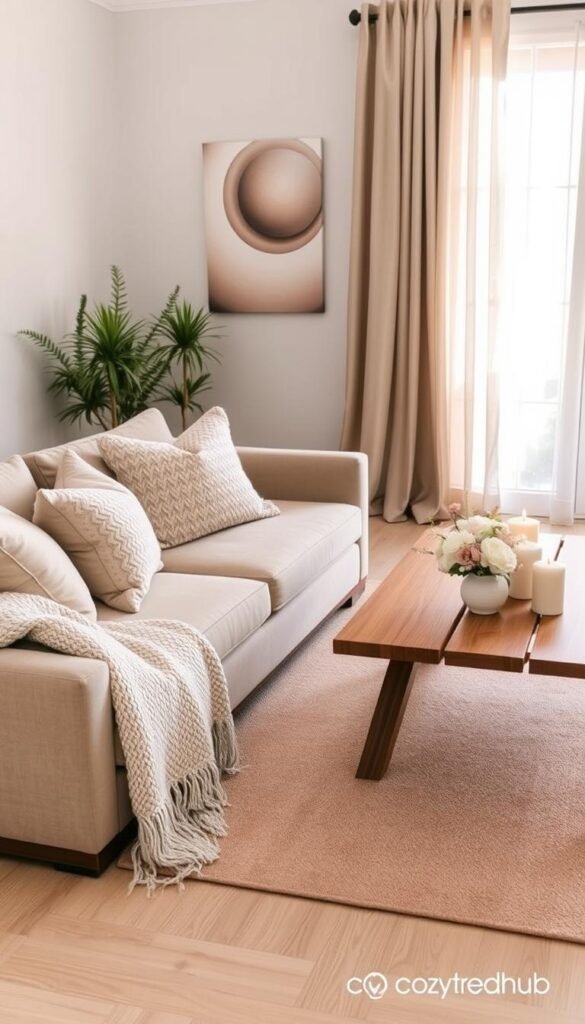 A soft and inviting living room scene showcasing taupe and greige hues. In the foreground, a plush taupe sofa adorned with elegant, textured throw pillows rests next to a cozy knit blanket. A stylish wooden coffee table holds a minimalist floral arrangement in soft shades of taupe and white. In the middle, a beautifully patterned taupe area rug complements the flooring, while gently lit candles on the table enhance the atmosphere. In the background, a warm and airy window allows natural light to filter through sheer curtains, illuminating decorative wall art in ombr&eacute; neutrals. The overall mood is serene and sophisticated, perfect for a Pinterest-inspired home decor aesthetic. Capture this on a lens with soft focus, ensuring a harmonious blend of colors, branded with "CozyTrendHub".