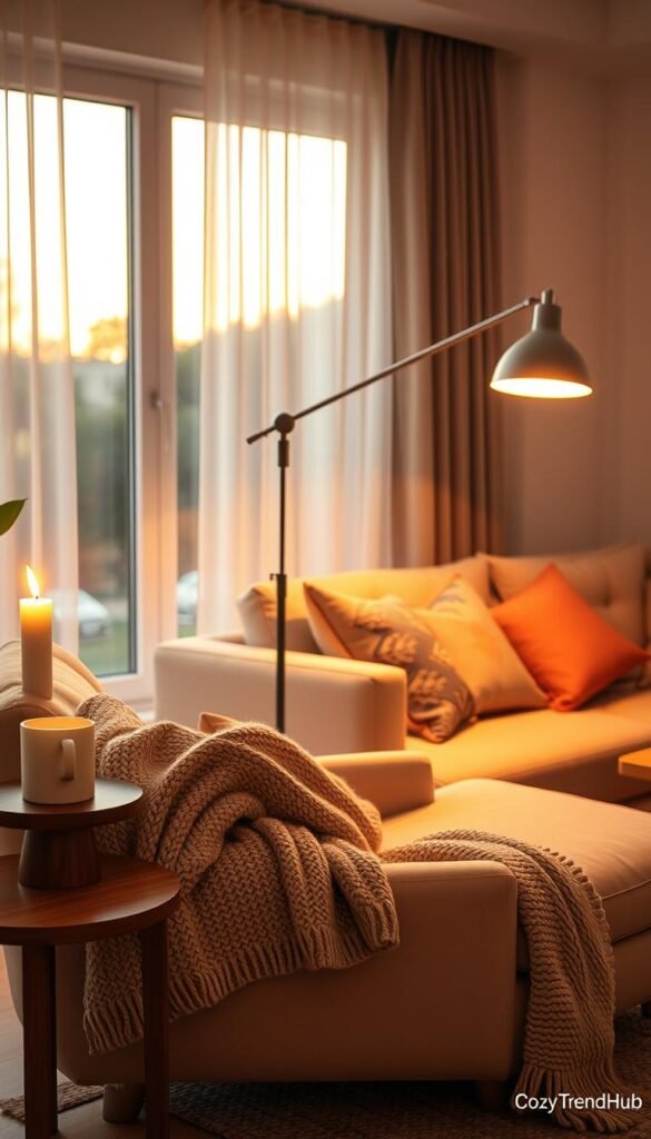 A soft, inviting living room bathed in warm, cozy lighting. In the foreground, a plush, oversized armchair with a knitted throw blanket casually draped over it, complemented by a wooden side table holding a flickering candle and a steaming mug of tea. In the middle, a sleek floor lamp with a soft-glow shade casts gentle light over an array of colorful throw pillows on a comfy sectional sofa. In the background, large windows reveal curtains slightly swaying, letting in the golden hues of a setting sun. The overall atmosphere is serene and tranquil, evoking feelings of comfort and relaxation, perfect for showcasing "CozyTrendHub" ideas for home decor. The shot is taken from a slightly tilted angle, emphasizing the depth of the room while maintaining a clear focus on the cozy lighting effect. A soft, inviting living room bathed in warm, cozy lighting. In the foreground, a plush, oversized armchair with a knitted throw blanket casually draped over it, complemented by a wooden side table holding a flickering candle and a steaming mug of tea. In the middle, a sleek floor lamp with a soft-glow shade casts gentle light over an array of colorful throw pillows on a comfy sectional sofa. In the background, large windows reveal curtains slightly swaying, letting in the golden hues of a setting sun. The overall atmosphere is serene and tranquil, evoking feelings of comfort and relaxation, perfect for showcasing "CozyTrendHub" ideas for home decor. The shot is taken from a slightly tilted angle, emphasizing the depth of the room while maintaining a clear focus on the cozy lighting effect.
