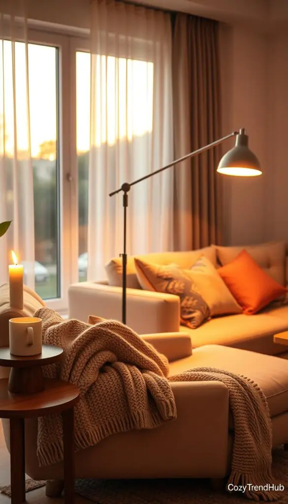 A soft, inviting living room bathed in warm, cozy lighting. In the foreground, a plush, oversized armchair with a knitted throw blanket casually draped over it, complemented by a wooden side table holding a flickering candle and a steaming mug of tea. In the middle, a sleek floor lamp with a soft-glow shade casts gentle light over an array of colorful throw pillows on a comfy sectional sofa. In the background, large windows reveal curtains slightly swaying, letting in the golden hues of a setting sun. The overall atmosphere is serene and tranquil, evoking feelings of comfort and relaxation, perfect for showcasing "CozyTrendHub" ideas for home decor. The shot is taken from a slightly tilted angle, emphasizing the depth of the room while maintaining a clear focus on the cozy lighting effect.