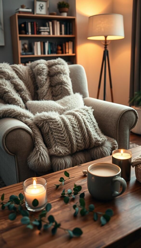 A soft, luxurious faux fur throw blanket drapes over a plush, inviting armchair, showcasing its rich texture and warmth. In the foreground, a cozy knitted pillow rests against the armchair, complemented by scattered eucalyptus leaves to enhance the natural feel. The middle ground features a wooden coffee table adorned with a steaming mug of hot cocoa and a candle softly flickering, creating a serene atmosphere. The background includes a softly glowing floor lamp casting warm light, illuminating an elegant bookshelf filled with well-loved books and decorative items. The overall setting is styled to reflect a Pinterest-worthy, cozy home vibe, tailored to inspire warmth and comfort. Shot with a shallow depth of field (50mm lens) to focus on the textiles, evoking a welcoming, inviting mood. Designed for CozyTrendHub.