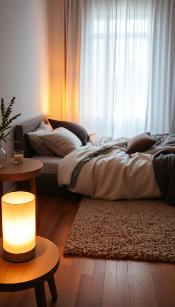 A softly lit bedroom scene designed for relaxation, featuring warm ambient lighting. In the foreground, a stylish bedside table holds a small, glowing lamp with a soft shade, casting a gentle light. The middle of the scene showcases a cozy, unmade bed layered with plush blankets and a variety of decorative pillows in muted, earthy tones. A plush area rug in soft fibers adds texture to the hardwood floor. In the background, soft curtains filter the light from a nearby window, creating a serene atmosphere. The overall mood is inviting, emphasizing a tranquil space ideal for winding down before sleep. The photograph embodies a Pinterest-style lifestyle aesthetic, designed for CozyTrendHub, focusing on harmonious decor elements that promote relaxation without overhead glare.