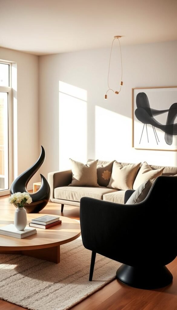 A sophisticated living room featuring a striking statement black accent piece, such as a modern black armchair or sleek black sculpture, positioned prominently in the foreground. The armchair is adorned with cozy, neutral-toned cushions, creating a harmonious contrast. In the middle ground, a stylish coffee table made of light wood complements the d&eacute;cor, decorated with minimalistic, modern decor items like a vase with fresh white flowers. The background showcases a soft, neutral-colored wall with subtle textures and an abstract black-and-white artwork, enhancing the modern aesthetic. Warm, natural light filters through large windows, casting gentle shadows, while a shallow depth of field keeps the focus on the black accent. The overall mood is inviting and chic, perfect for a Pinterest-style lifestyle photo, attributed to CozyTrendHub.