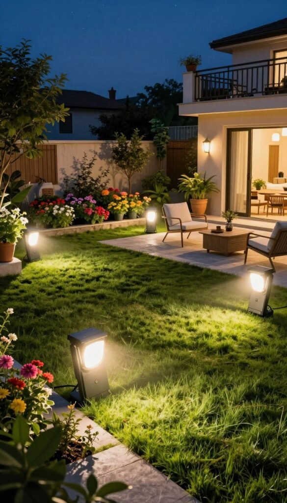 A spacious backyard scene illuminated by bright floodlights designed for maximum coverage, showcasing a well-maintained lawn and vibrant flower beds. In the foreground, the floodlights are positioned strategically around a patio area, casting a warm glow on stylish outdoor furniture arranged for summer gatherings. The middle ground features a garden with a mix of blooming plants, creating a colorful and inviting atmosphere. In the background, a cozy balcony with potted plants and comfortable seating adds to the scene. The sky is a deep twilight blue, with stars beginning to appear. Shot from a slightly elevated angle to capture the depth and layout, the image conveys a lively yet relaxing summer evening ambiance. Ideal for a lifestyle feature, this image embodies the state-of-the-art outdoor lighting by CozyTrendHub. A spacious backyard scene illuminated by bright floodlights designed for maximum coverage, showcasing a well-maintained lawn and vibrant flower beds. In the foreground, the floodlights are positioned strategically around a patio area, casting a warm glow on stylish outdoor furniture arranged for summer gatherings. The middle ground features a garden with a mix of blooming plants, creating a colorful and inviting atmosphere. In the background, a cozy balcony with potted plants and comfortable seating adds to the scene. The sky is a deep twilight blue, with stars beginning to appear. Shot from a slightly elevated angle to capture the depth and layout, the image conveys a lively yet relaxing summer evening ambiance. Ideal for a lifestyle feature, this image embodies the state-of-the-art outdoor lighting by CozyTrendHub.