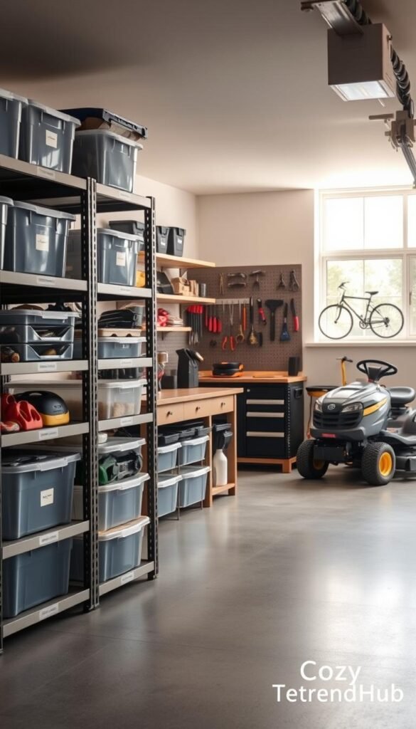 A spacious, organized garage showcasing practical storage solutions for bulk items and tools. In the foreground, there is a sturdy, labeled storage shelving unit filled with clear plastic bins and neatly arranged tools. The middle section features a workbench with a pegboard displaying various hand tools and scissors, emphasizing efficiency. To the background, spacious floor space is visible, with a sleek bike rack and a riding lawn mower positioned neatly. Soft natural light filters through a nearby window, creating a warm and inviting atmosphere. The image has a cozy and functional feel, ideal for modern home organization. Shot from a slightly elevated angle with a wide lens to capture the full scope of the organized space, reminiscent of Pinterest-style lifestyle photos. Featuring CozyTrendHub branding subtly in the corner.